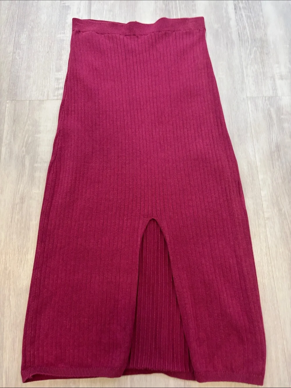 Free People Ribbed Wine-Magenta Midi Skirt with Front Slit Small